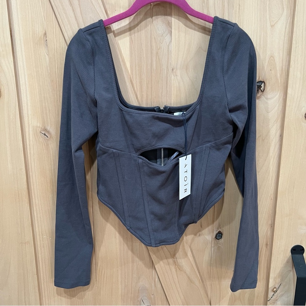 Atoir Alpha Crop Top Size Large NWT! Gray Corset Peephole Crop Shirt - Picture 4 of 16